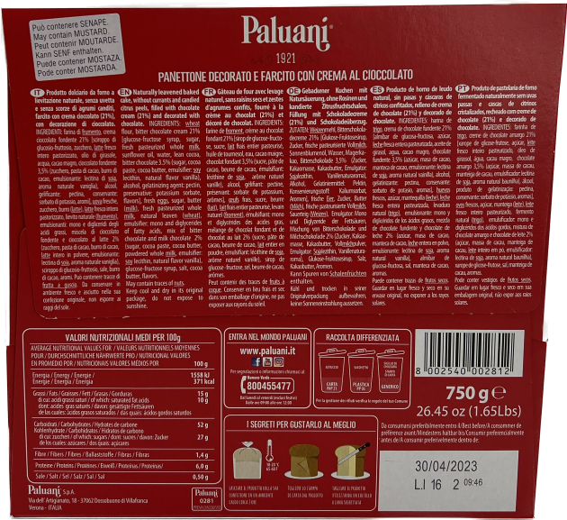 Paluani Panettone 750 g Finemente Decorato e Farcito Con Crema Al Cioccolato (Schokoladenfüllung)